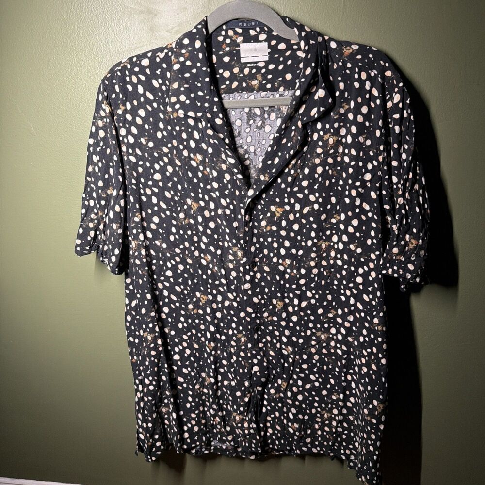 Ksubi Mens Medium Resort Camp Shirt Short Sleeve Polka Dot Splatter Black Flawed